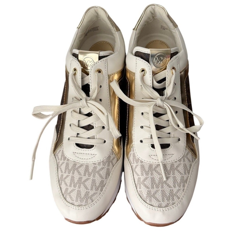 Michael Kors Maddy Mixed Media Sneakers Vanilla Gold Logo Monogram 7.5M NWOB